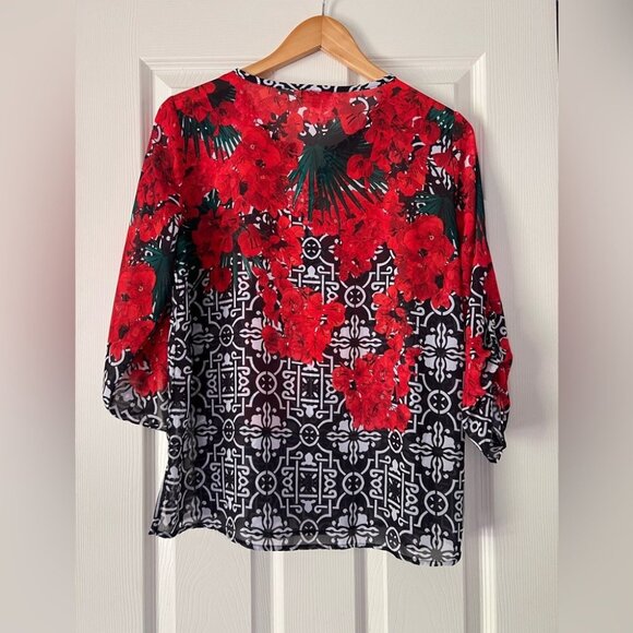 Multiples Red Floral Geometric Print Blouse 3/4 Sleeve Women’s PS - Picture 3 of 5